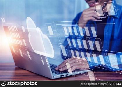 Businessman using data transmission on laptop FTP server upload to cloud network, Datum document file management.