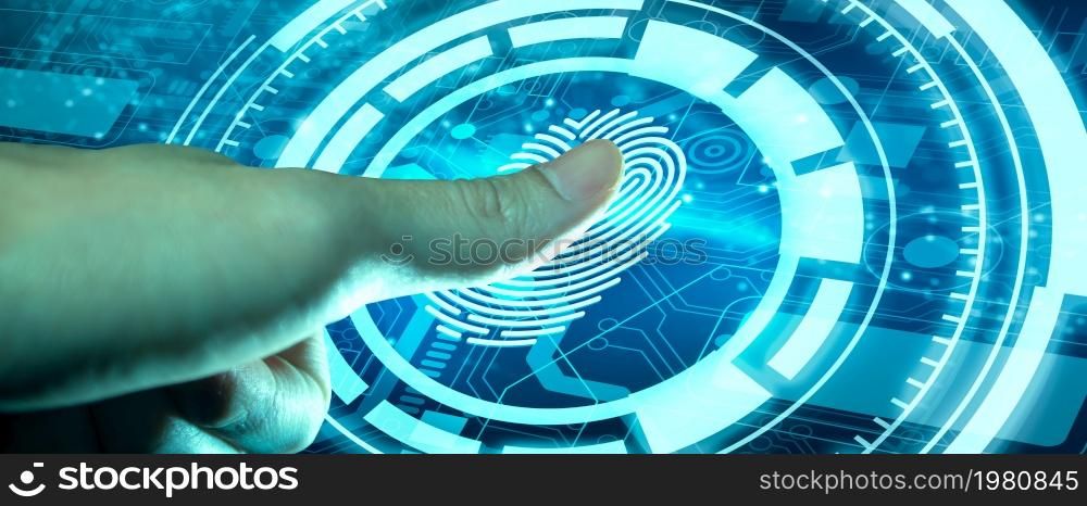 Businessman using Fingerprint technology scan provides security access. Advanced technological verification future and cybernetic. Biometrics authentication and identity Concept.