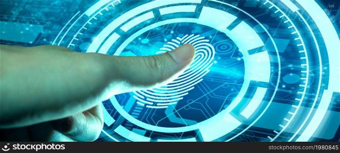 Businessman using Fingerprint technology scan provides security access. Advanced technological verification future and cybernetic. Biometrics authentication and identity Concept.