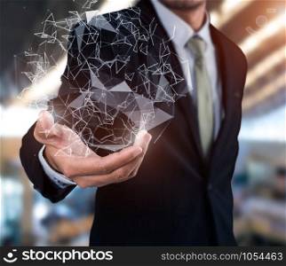 Businessman using flying network interface connection on blurred background