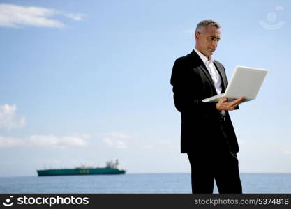 Businessman using his laptop at the coast