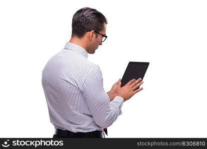 Businessman using his tablet computer isolated on white