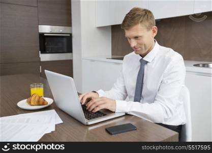 Businessman using laptop at breakfast table