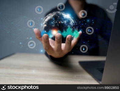 Businessman using laptop computer technology global internet connection for business and finance digital marketing and digital communication technology banking big data and analytics