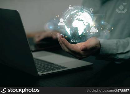 Businessman using laptop network connection , Business network connection on investor and customer application technology data exchange and development of business