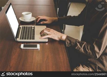 Businessman using laptop on table. Creative Business Startup Idea.
