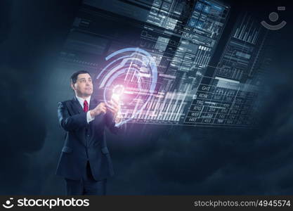 Businessman using mobile application. Businessman on digital futuristic background using his smartphone