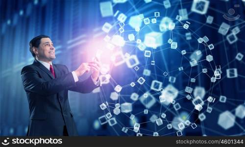 Businessman using mobile application. Businessman using his smartphone on background of connection lines