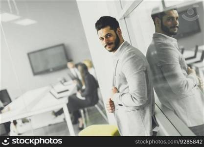 Businessman using mobile phone in office while other business people working in background