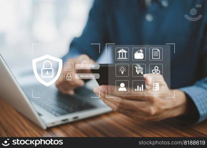 Businessman using password Cybersecurity and privacy concepts to protect data. Lock icon  internet network security technology. Businessmen protecting personal data on laptop and virtual interfaces.