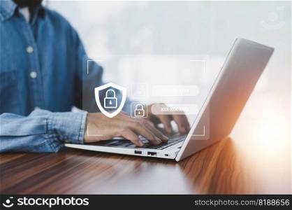 Businessman using password Cybersecurity and privacy concepts to protect data. Lock icon  internet network security technology. Businessmen protecting personal data on laptop and virtual interfaces.