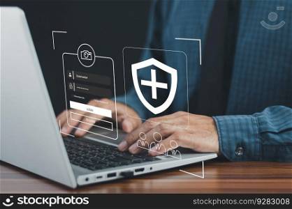 Businessman using password Cybersecurity and privacy concepts to protect data. Lock icon internet network security technology. Businessmen protecting personal data on laptop and virtual interfaces.