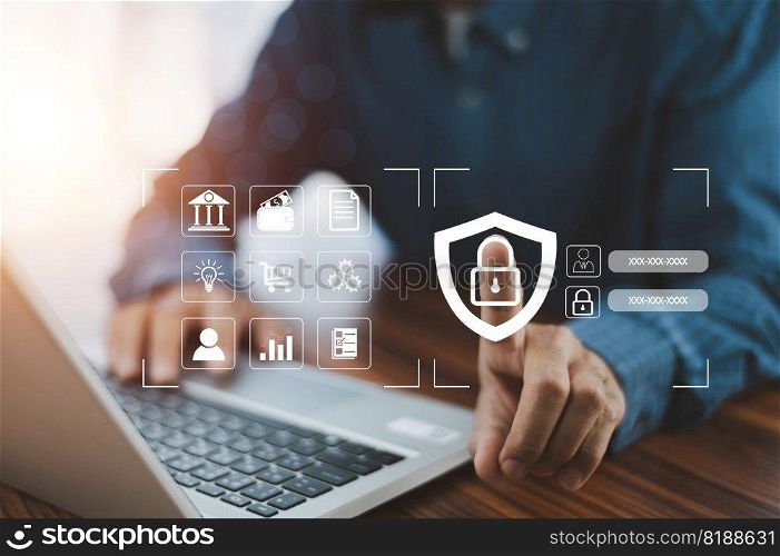 Businessman using password for cybersecurity concept Global network security technology, business people protect personal information. Encryption with a padlock icon on the virtual interface.