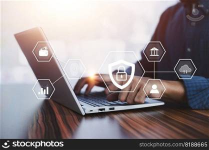 Businessman using password for cybersecurity concept Global network security technology, business people protect personal information. Encryption with a padlock icon on the virtual interface.