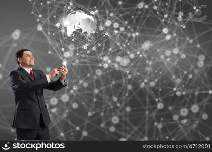 Businessman using smartphone. Senior businessman using his smartphone for business and communication 3D rendering