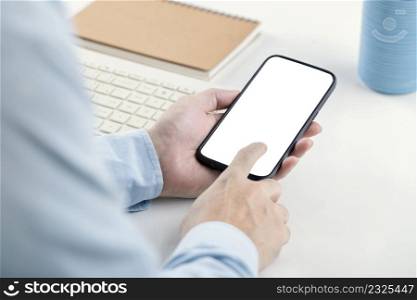 Businessman using smartphone showing white screen , searching or social networks concept