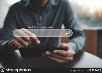 Businessman using smartphone to optimize online content with SEO tools. Technology and business concept. search engine optimization with search bar