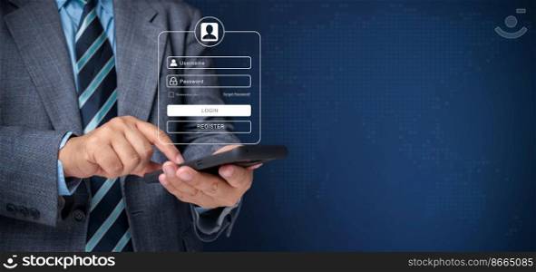 Businessman using smartphones to type user and passwords for login financial applications,  identification information security, and encryption, Concept of Cyber security for internet access