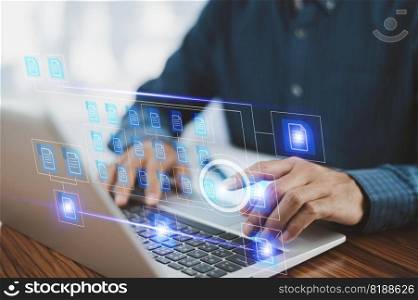 Businessman using software computer check data document on server for documents management concept