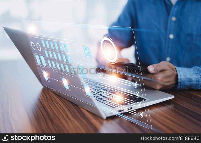 Businessman using software computer check data document on server for documents management concept