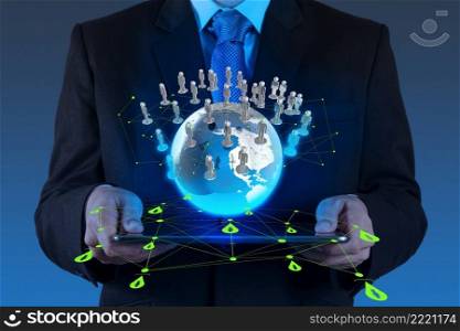 businessman using tablet computer shows social network concept