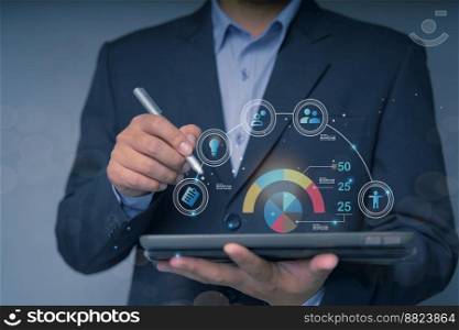 Businessman using tablet to navigate user interface UX UI futuristic graphic icon design with people outline communication and planning innovation concept teamwork strategic planning modern technology