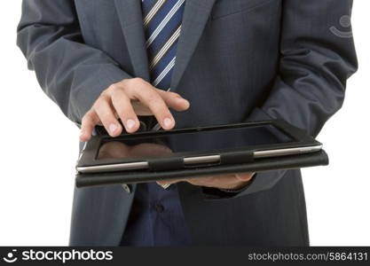 businessman using touch pad, close up shot on tablet pc, isolated