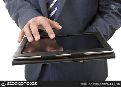 businessman using touch pad, close up shot on tablet pc, isolated