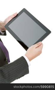 businessman using touch pad, close up shot on tablet pc, isolated