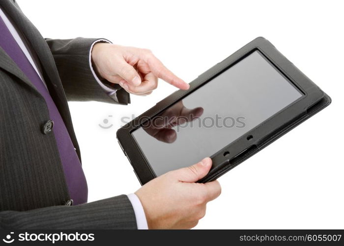 businessman using touch pad, close up shot on tablet pc, isolated