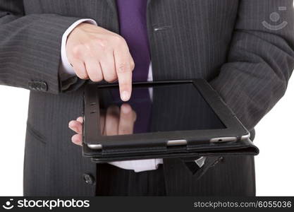 businessman using touch pad, close up shot on tablet pc, isolated