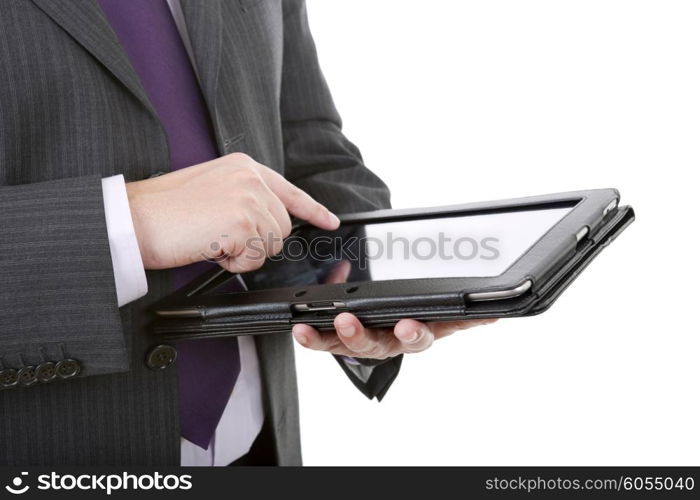 businessman using touch pad, close up shot on tablet pc, isolated