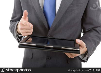 businessman using touch pad, close up shot on tablet pc, isolated