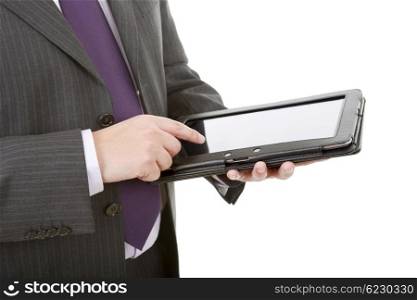 businessman using touch pad, close up shot on tablet pc, isolated