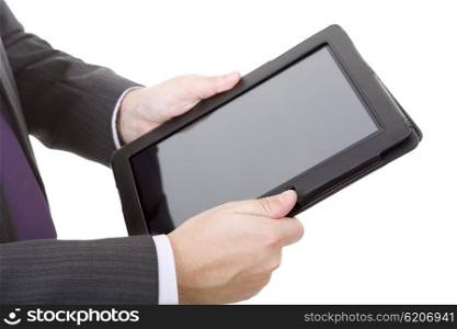 businessman using touch pad, close up shot on tablet pc, isolated, focus on the right hand