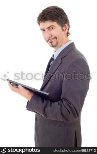 businessman using touch pad of tablet pc, isolated