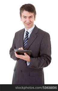 businessman using touch pad of tablet pc, isolated