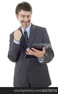 businessman using touch pad of tablet pc, isolated. tablet pc