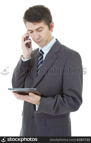 businessman using touch pad of tablet pc, on the phone, isolated