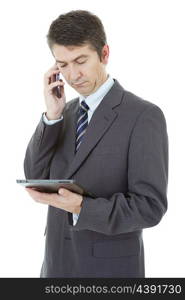 businessman using touch pad of tablet pc, on the phone, isolated