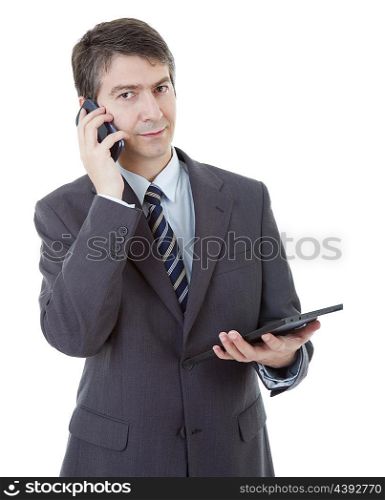 businessman using touch pad of tablet pc, on the phone, isolated