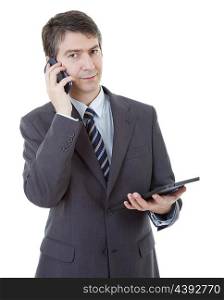 businessman using touch pad of tablet pc, on the phone, isolated