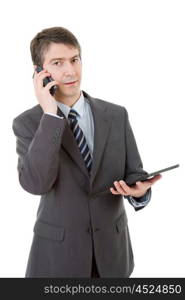 businessman using touch pad of tablet pc, on the phone, isolated