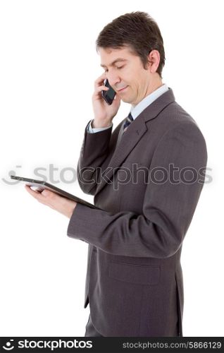businessman using touch pad of tablet pc on the phone, isolated