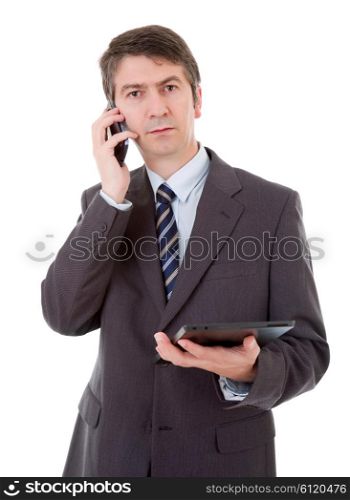 businessman using touch pad of tablet pc on the phone, isolated