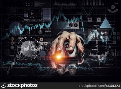 Businessman using wireless mouse. Hand of businessman on dark 3D rendering background using wireless mouse