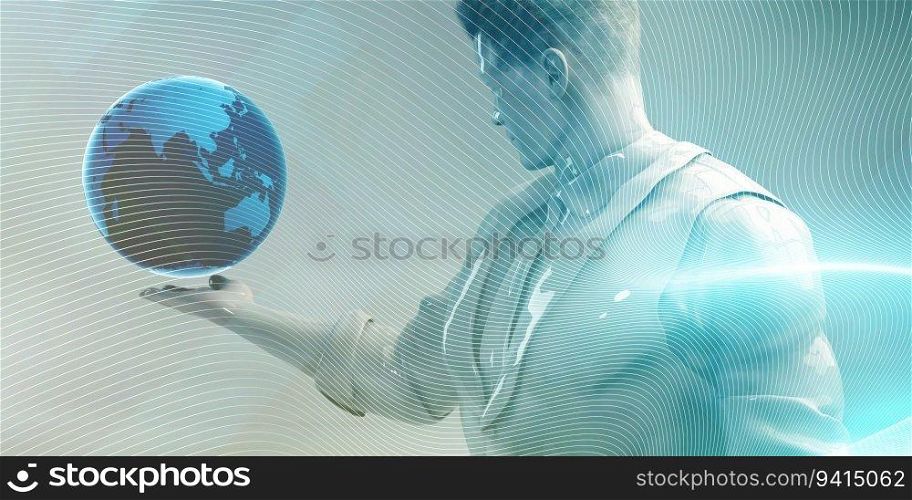 Businessman Viewing Hologram as Office Productivity Tools Concept. Businessman Viewing Hologram