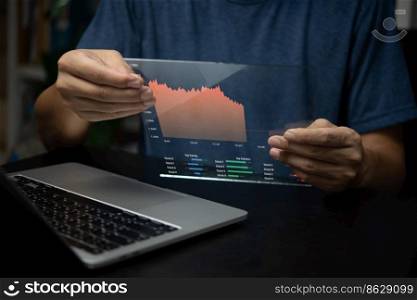 Businessman virtual screen graph stock market indicator currency exchange financial management forex. business profit chart trade growth index economy concept.