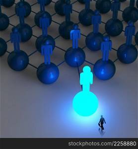 businessman walking 3d light growing human social network and leadership as concept