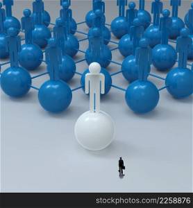 businessman walking 3d white human social network and leadership as concept